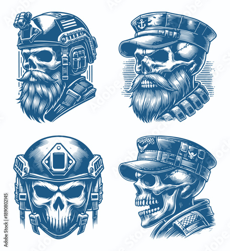 Vintage Hand Drawn Soldier and Captain Skull Vector Set with Tactical Helmets