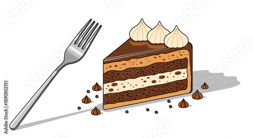 Delicious slice of chocolate cake with cream topping served