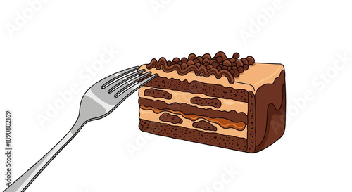 Delicious chocolate cake slice with fork ready to eat