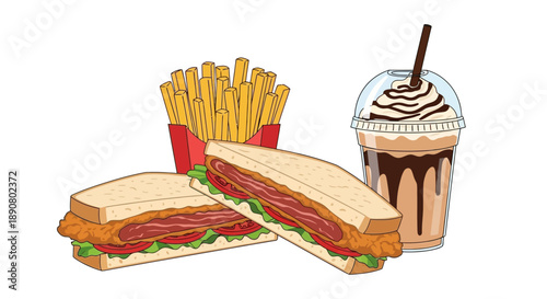Delicious fast food meal with sandwich, fries, and milkshake