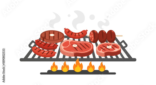 Delicious grilled meats sizzling on barbecue with flames