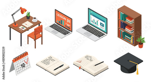 Modern education elements collection with laptops and study materials