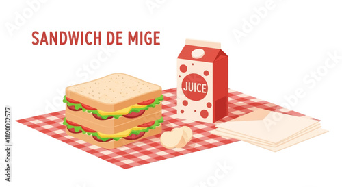 Delicious sandwich and juice on checkered picnic blanket