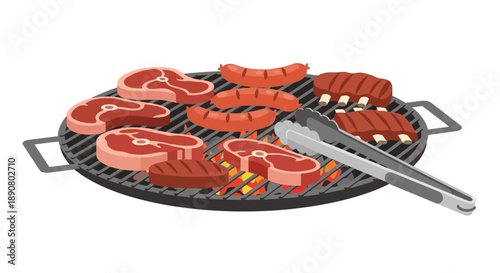 Delicious steaks and sausages grilling on barbecue grill