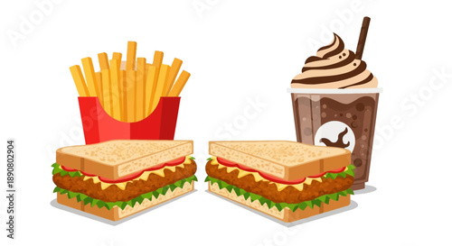 Delicious fast food meal with sandwiches, fries, and chocolate milkshake