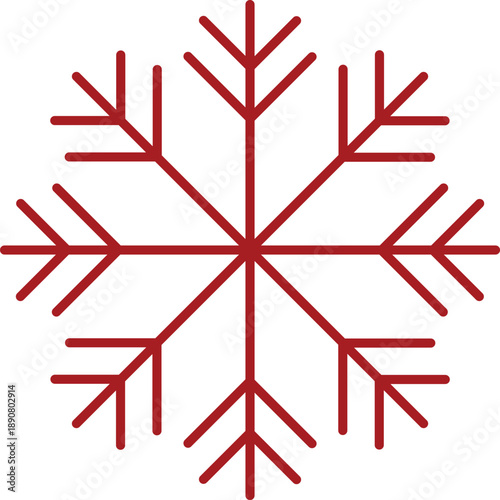 A red snowflake with symmetrical branches is centered on a plain background