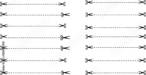 Scissor icons with dashed cut lines, left and right orientation, vector design for coupons, print layout, craft or DIY projects