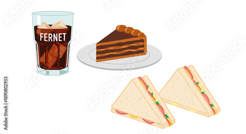 Delicious sandwiches, cake, and refreshing Fernet drink on a plate