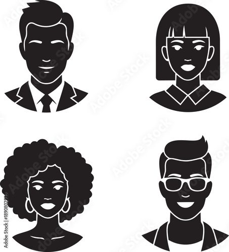 Diverse group of four individuals depicted in simple illustrations from a straightforward portrait view