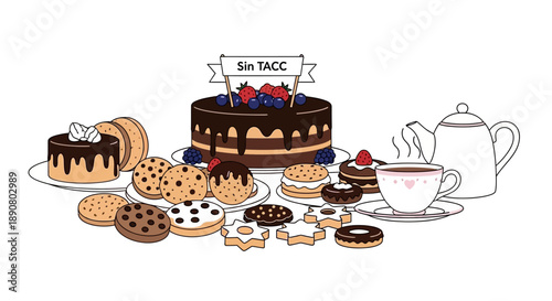 Delicious dessert spread with chocolate cake and fresh berries