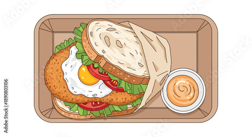 Delicious chicken sandwich with egg and sauce in a takeout box