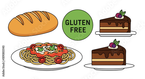 Gluten free food illustration with pasta, cake, and bread
