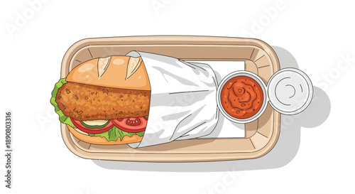 Delicious chicken sandwich with fresh lettuce and tomato in a takeout container