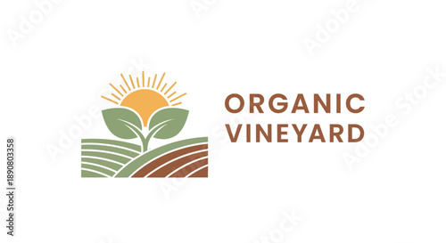 Organic Vineyard Logo with Sun and Grapes.