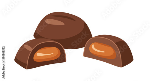 Chocolate candies with caramel filling on white background