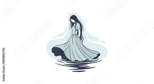 Ethereal woman in flowing dress standing in water with serene expression