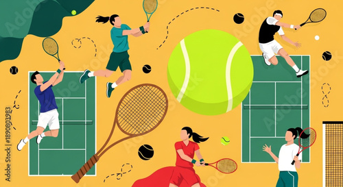 Tennis Players Engaged in a Match on Courts with Large Ball and Racquets Illustration