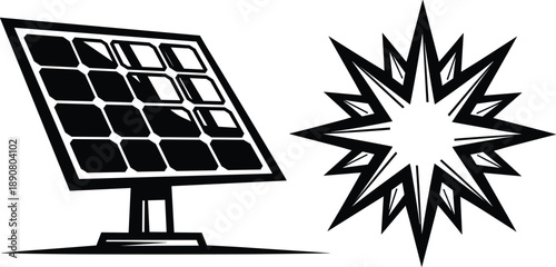 Solar panel with sunburst symbol representing renewable energy, photovoltaic cells, sunlight conversion, and sustainable power generation