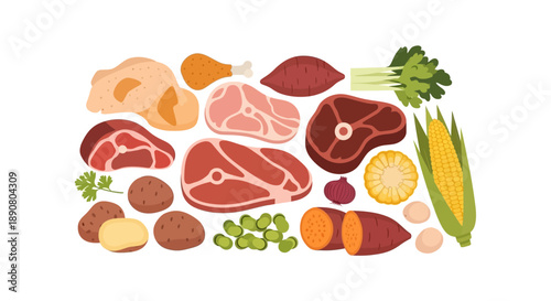 Assorted raw meat and fresh vegetables for healthy cooking