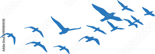 Stylized blue bird silhouettes in V-formation flight, symbolizing migration, teamwork, freedom, and coordinated natural movement
