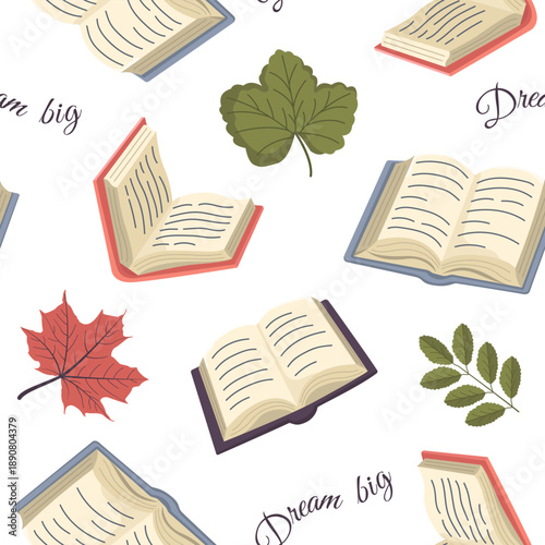 Vector seamless pattern with open books and leaves. Cozy Decor for packaging, wallpaper and textile. Illustration for World Book and Knowledge Day.