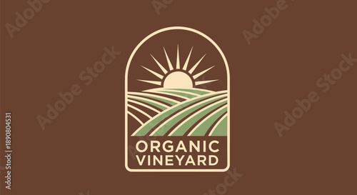 Organic Vineyard Logo with Sun and Rolling Hills.