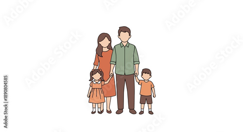 Happy family of four standing together in casual colorful clothes