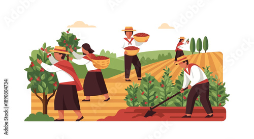 Farmers harvesting coffee beans in lush plantation