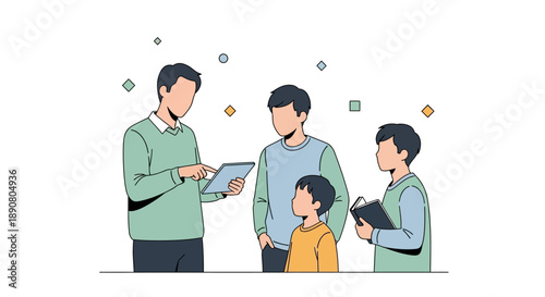 Family members engaged with digital and print media together