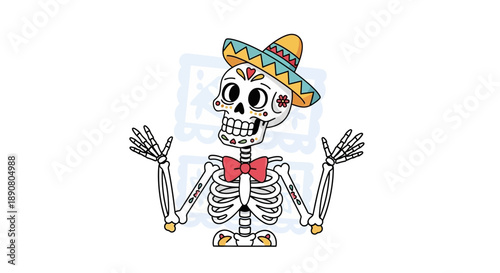 Colorful skeleton wearing a sombrero and bow tie