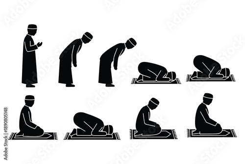 Stepbystep illustration of islamic prayer positions in silhouette style