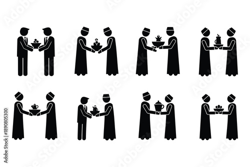 Traditional cultural exchange of gifts and food between people in robes isolated