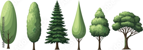 Stylized tree illustrations with varied canopy shapes and foliage patterns, ideal for botanical, educational, or design use