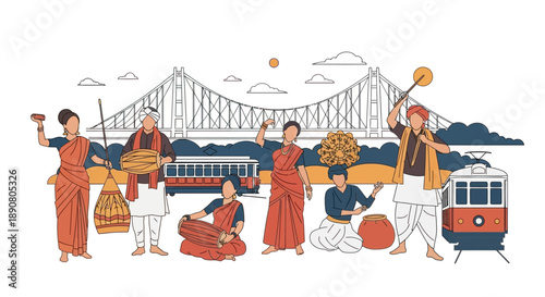 Indian people celebrating with musical instruments and transportation