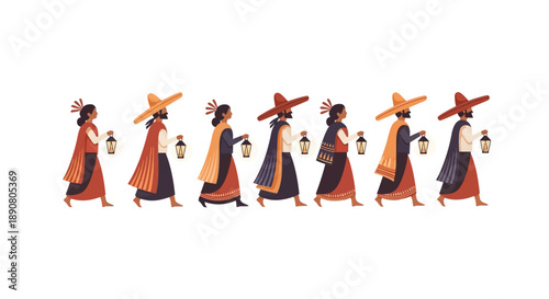 People walking in a line with lanterns and hats