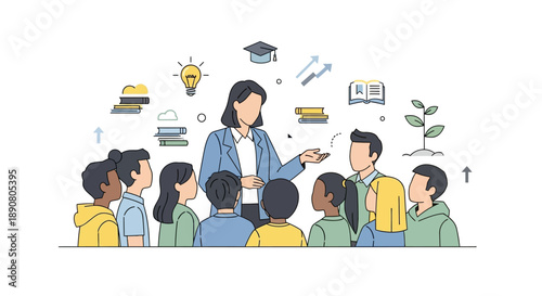 Teacher guiding students with educational icons surrounding them