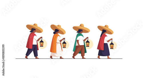 People walking in a line with lanterns and sombreros