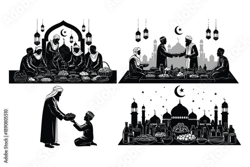 Traditional islamic eid celebration with family gathering and charity scenes isolated