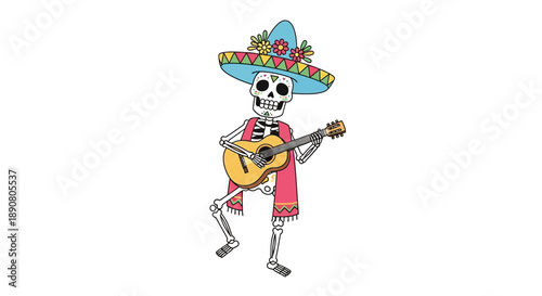 Colorful skeleton playing guitar in sombrero and poncho