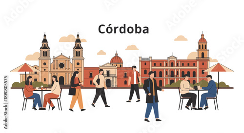 People walking and sitting in Cordoba cityscape illustration