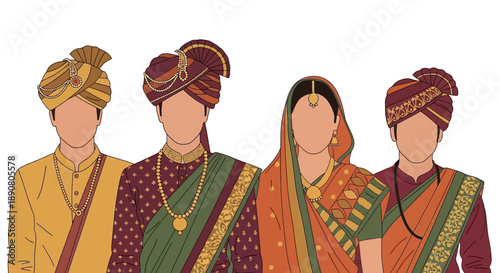 Traditional indian couple and friends in ethnic wear smiling