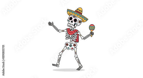 Colorful skeleton wearing sombrero and dancing with maracas