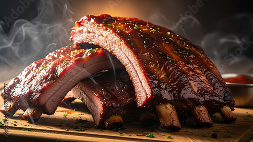 Juicy BBQ Pork Ribs with a Smoky Glaze on a Wooden Board, Perfect for a Summer Cookout