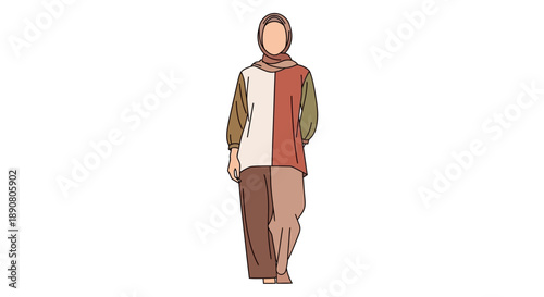 Woman wearing hijab and colorful modern clothing standing alone