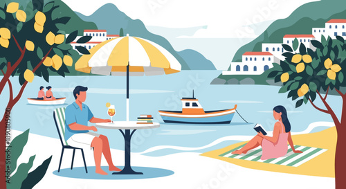 Serene beach scene with couple enjoying leisure time