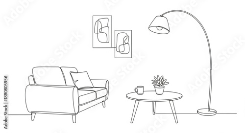 Minimalist living room sketch with sofa and lamp.