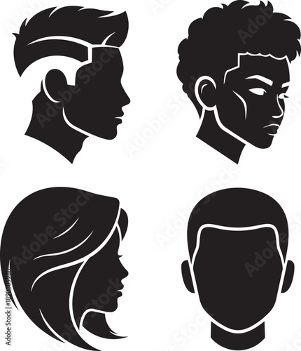 Profiles of four diverse individuals depicted in minimalist black silhouettes with white outlines against a clean background.