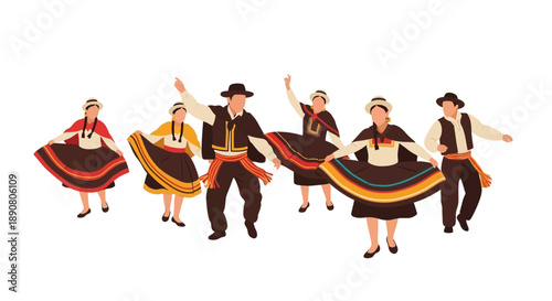 Traditional South American dancers in colorful outfits dancing