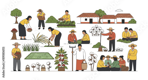 Farmers engaged in various agricultural activities and harvesting crops