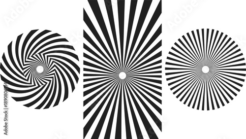 Three black and white radial patterns with spiral and linear designs, ideal for optical illusion and perception studies
